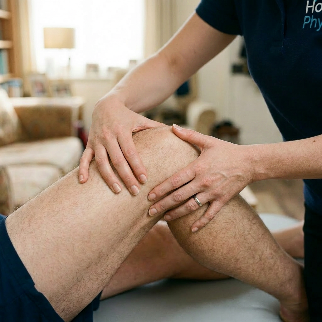 Physiotherapist performing knee therapy on a man lying on a portable treatment table at home